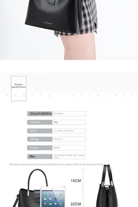 Detailed size chart showing a black PU leather handbag with iPad for scale reference