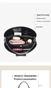 Detail view of large capacity black bucket bag interior holding 7.9 inch iPad and wallet