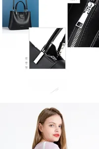 Detail view of a black PU leather handbag with silver hardware and model shoulder display