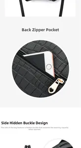 Detail of black crocodile texture handbag with back zipper pocket and side buckles