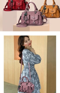 Soft leather large capacity women handbag in multiple colors shown with Asian model demo