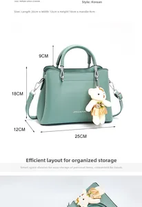 Detail view of fruit green PU leather handbag with bear charm and size measurements