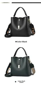 Black and deep green pebble leather bucket bags with stylish patterned wide straps