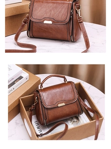 Détails du sac à main en cuir marron foncé avec boucle dorée et décor de magazine chic