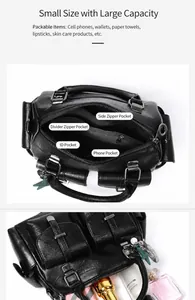 Macro view of large capacity handbag showing internal zipper pockets and compartments