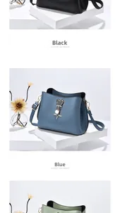 Detail view of stylish bucket bags with metal bear pendants and tassels in multiple colors