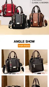 Detailed views of vintage women's handbag with litchi texture and cute bear charm pendant