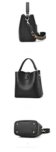 Detailed views of black bucket bag showing side, back, and bottom with metal studs