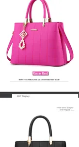 Detail of rose red and black handbags with quilted patterns and pearl charms