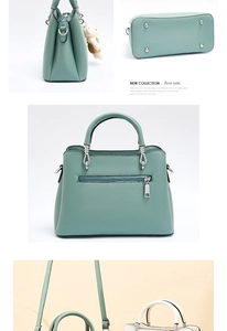 Detail view of light green leather handbag featuring bear charm and multiple side angles