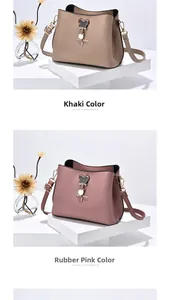 Detail of khaki and dusty pink leather bucket bags with cute animal metal charms