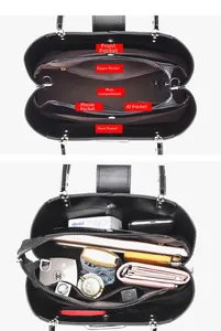 Detailed view of the black leather handbag interior compartments and storage capacity