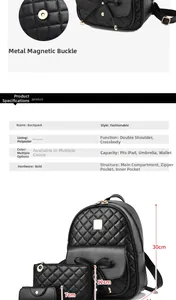 Dreiteiliges schwarzes gestepptes Rucksackset aus PU-Leder mit goldenen Beschlägen