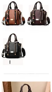 Detail of vintage pebbled leather handbags in caramel, red, and black with wide straps