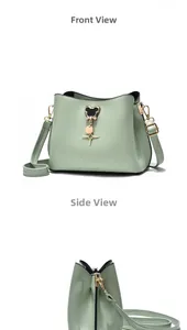 Detailed front and side views of a mint green bucket bag with a metal mouse charm