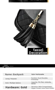 Détail du sac à dos matelassé noir avec pompon doré et finitions métalliques