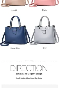 Detail view of women's tote bags in khaki, pink, navy blue and grey with top handles