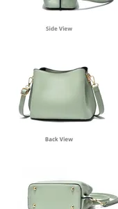 Detail views of mint green bucket bag with golden hardware and bottom protective studs