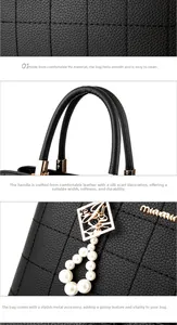 Close-up of black quilted PU leather handbag featuring pearl and metal charms