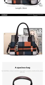 Detailed view of large capacity plaid tote bag showing dimensions and internal storage capacity