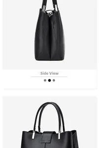 Detailed side view of a black leather handbag with premium textured finish and silver hardware