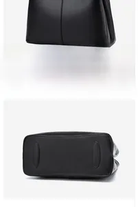 Detail of the high-quality black leather tote bag with anti-wear base patches and back view