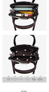 Detail view of large capacity tote bag with 6 internal compartments for organization