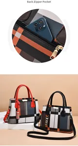 Detail of a plaid handbag showing the back zipper pocket for phone storage