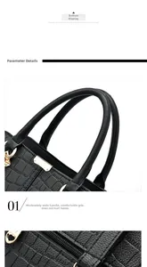 Macro detail of black crocodile embossed leather handbag handle with gold hardware accents