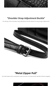 Detail view of adjustable strap and smooth silver zipper on black stone texture handbag