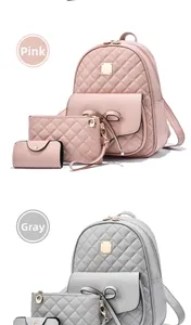 Detailliertes 3-teiliges gestepptes Rucksack-Set mit Schleife und Metalllogo in Rosa und Grau