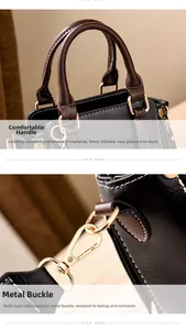 Close-up of contrast color PU leather bag with white stitching and gold hardware detail