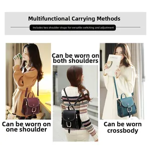 Detail view of multi-way women's bag showing backpack, shoulder, and crossbody carry styles
