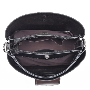 Black vintage leather bucket bag with multi-compartment interior and magnetic closure