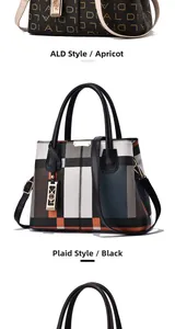 Detailed comparison of apricot printed handbag and multi-color checkered shoulder bag styles