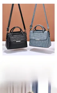 Close-up of crocodile embossed PU leather textures on black and blue shoulder bags