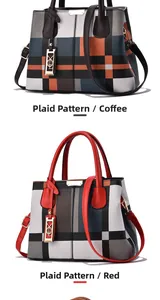 Detail view of large check pattern tote bags with detachable straps in coffee and red colors