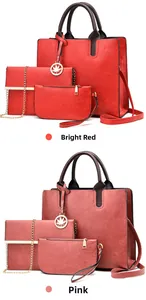 Detailliertes Taschenset aus rotem und rosa Leder mit Shopper, Umschlagtasche und Geldbeutel
