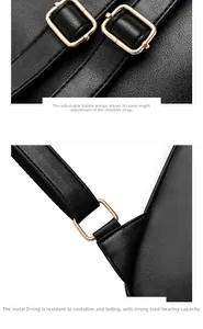 Détails d'un sac à dos en cuir noir avec boucles dorées réglables et anneaux en D en métal