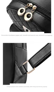 Details des schwarzen gesteppten Lederrucksacks mit goldfarbenen Ringen und Reißverschlüssen