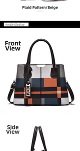 Detail view of large checkered tote bag in apricot with geometric leather stitching and handle