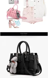 Detail van geweven handtas in roze en zwart met beerhanger en lange schouderriem