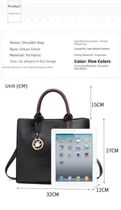 Detaillierte Größeninfografik der großen schwarzen PU-Lederhandtasche mit iPad-Referenz