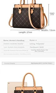 Detail diagram showing dimensions 27x21x13cm and internal structure of this handbag