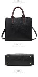 Drei Ansichten der schwarzen Lederhandtasche mit Seite Rückseite und Boden mit Metallfüßen