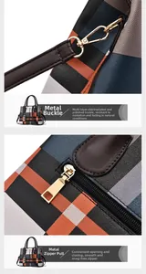 Close-up of polished gold-tone hardware and durable zippers on the plaid handbag