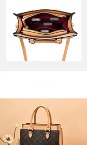 Detail view of the multi-compartment interior and brown quilted exterior of a luxury handbag