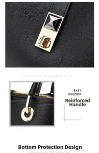 Detail of black litchi grain leather bag with gold hardware and reinforced handle