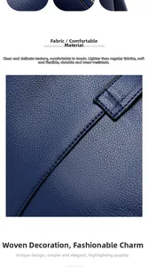 Detail of dark blue lychee-textured faux leather with precise stitching and trim