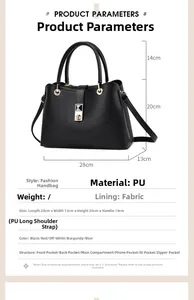 Detailed technical drawing of a black PU leather handbag with specific dimensions and parts
